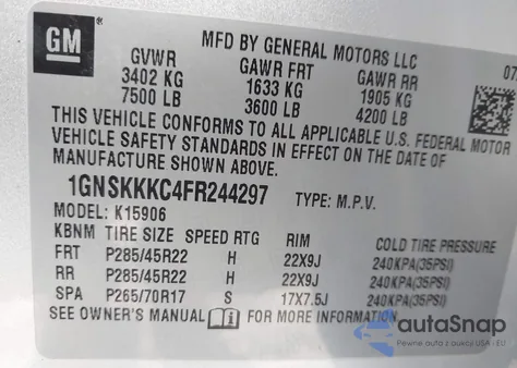 2015 Chevrolet Suburban 1500 Ltz z USA, uszkodzony, nr VIN 1GNSKKKC4FR244297